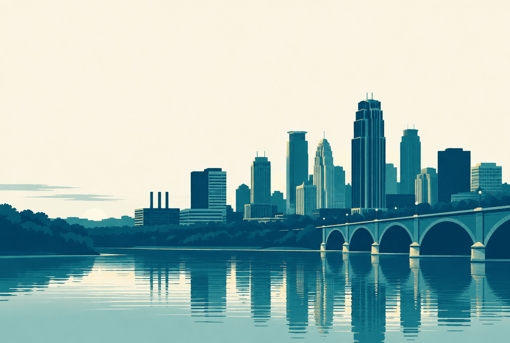 Illustration of the Minneapolis skyline and Stone Arch Bridge at dawn