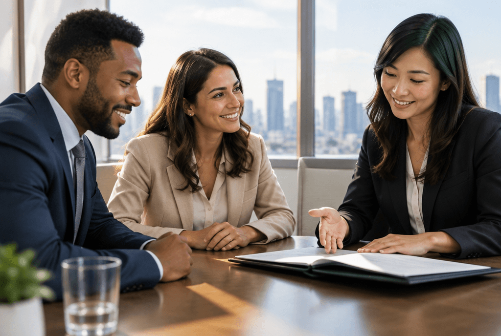 A friendly consultation around a bright conference table