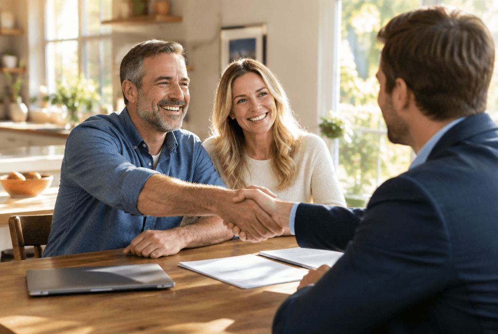 A couple shaking hands with a professional at their kitchen table