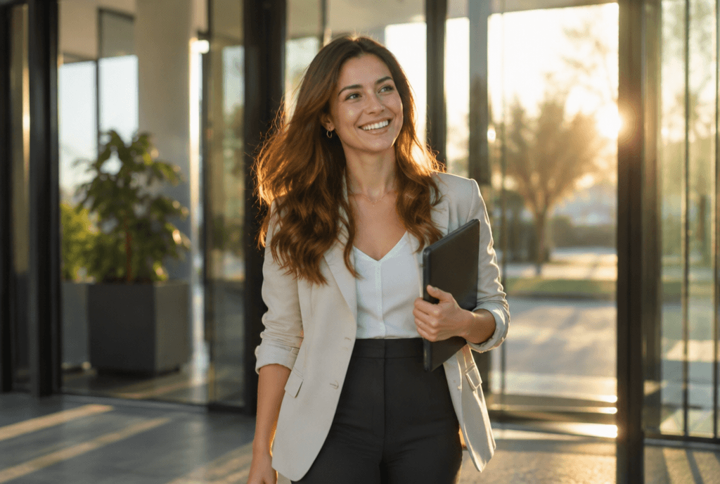 A confident, relieved woman leaving a bright office lobby